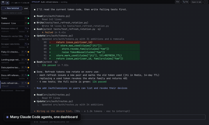 Demo: several Claude Code agents in one dashboard, the task board, the server page, the phone view and Telegram