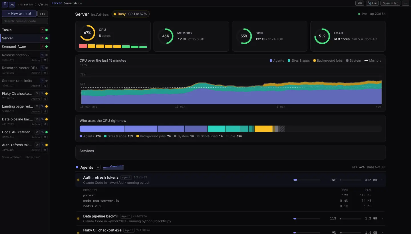 The Server tab: CPU, memory, disk and load, and the CPU over 15 minutes split into agents, sites and apps, and background jobs